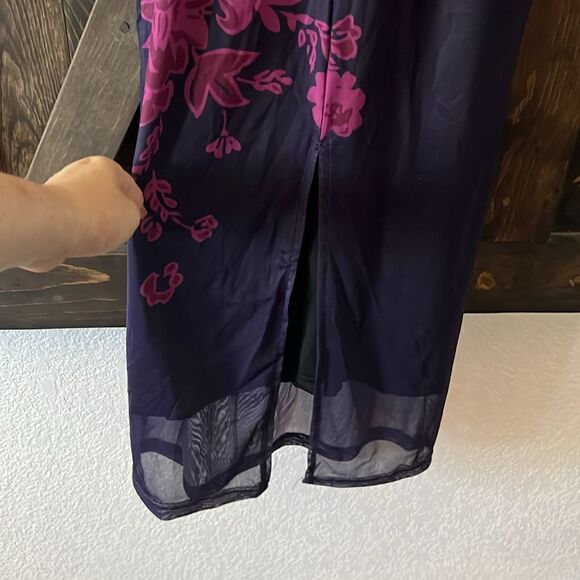 VINTAGE FLOWER PRINT MESH PANEL LACE UP BACK SLIP MAXI DRESS - BLACK - Picture 8 of 13